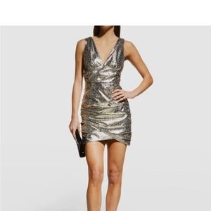 Ramy Brook Silver Holly Metallic V-Neck Ruched Mini Dress